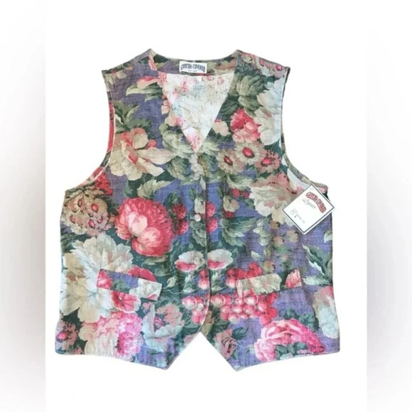 Gotcha Covered Floral Vintage Tapestry Denim Back elasctic Vest | Sz Large - Picture 1 of 8